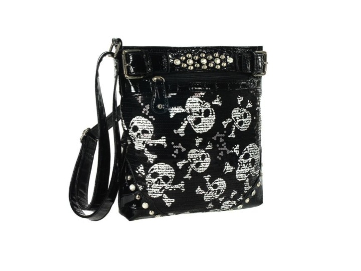 Skull Pattern on Sequined Cross Body Sling Black Handbag Purse Tote Bag | Skull & Pirate ...